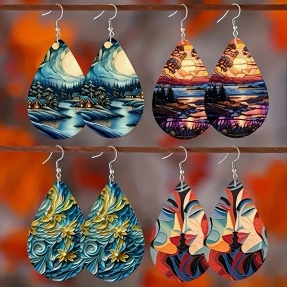 ⭐️ 5 for $25 Bohemian Wood Abstract Teardrop Hoop Fashion Earrings - Picture 6 of 7